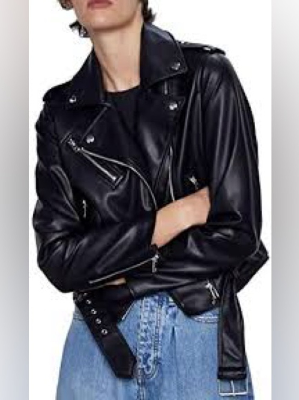 Zara Black Leather Moto Jacket with Silver Hardware